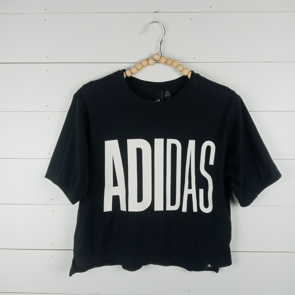 Adidas womens size S black white large letter logo cropped tshirt wider style